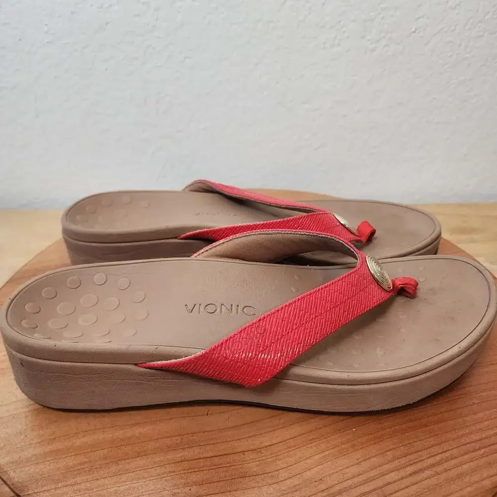 Vionic Sandals Shoes Womens Size 8.5 Red Thong Wedge Comfort Orthotic Flip Flop